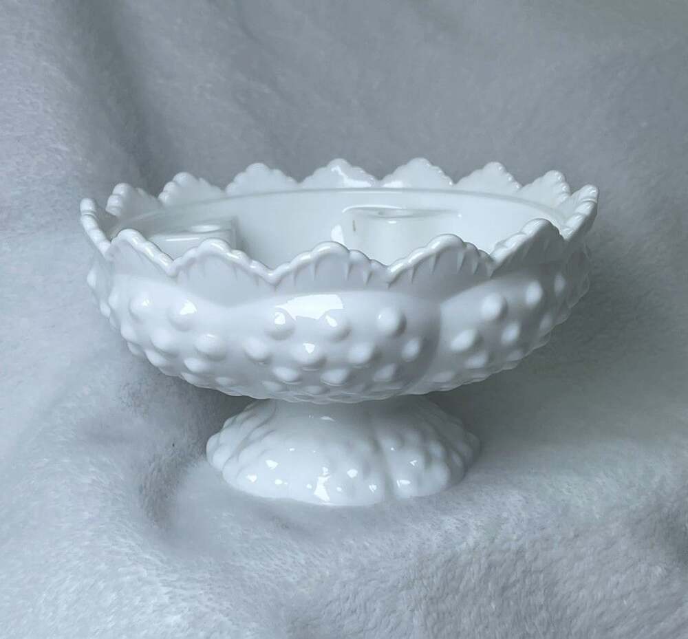 Fenton White Milk Glass Sawtooth Hobnail Round Candle Holder Centerpiece Bowl
